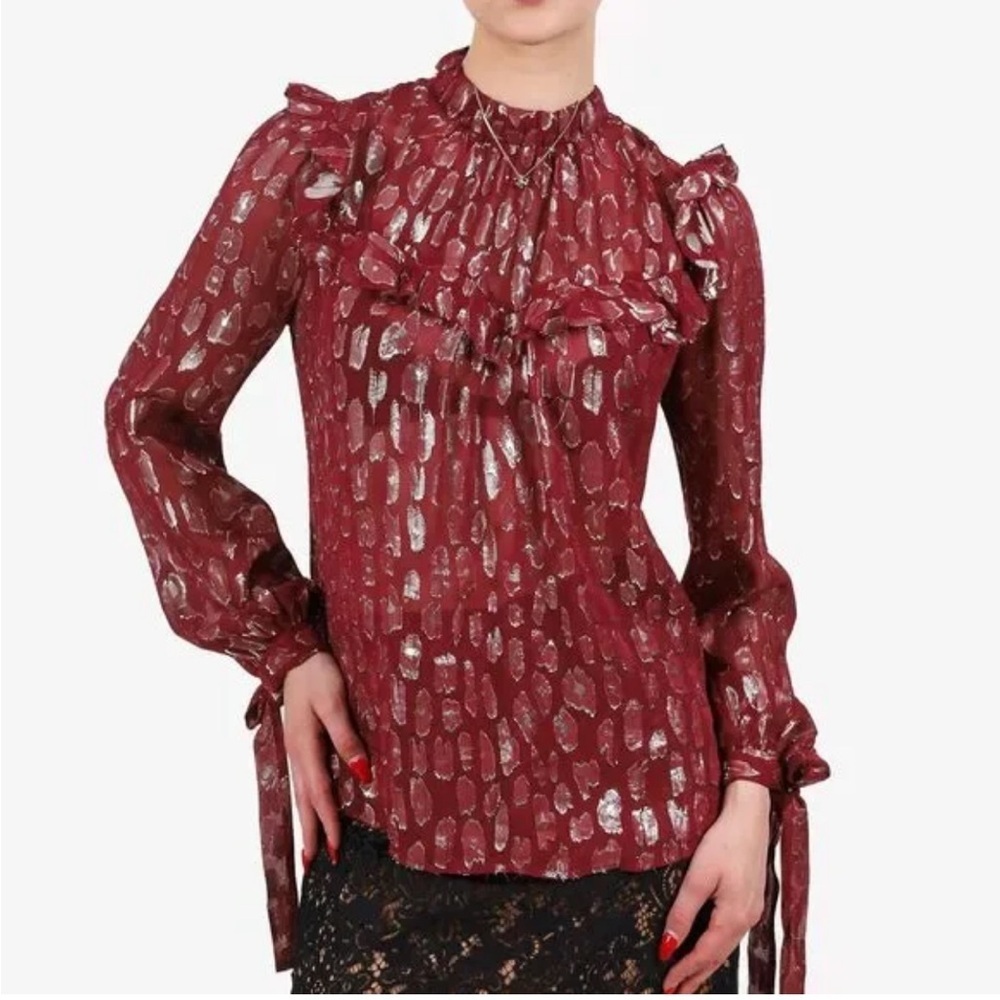 Veronica Beard Brooks Blouse Top Metallic Burgundy Silver 12 - Picture 2 of 9